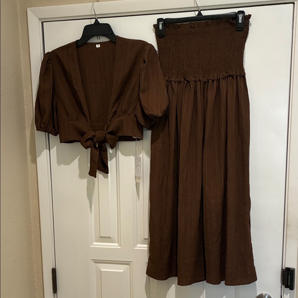 Commense Brown Two-Piece Set with Tie-Front Top